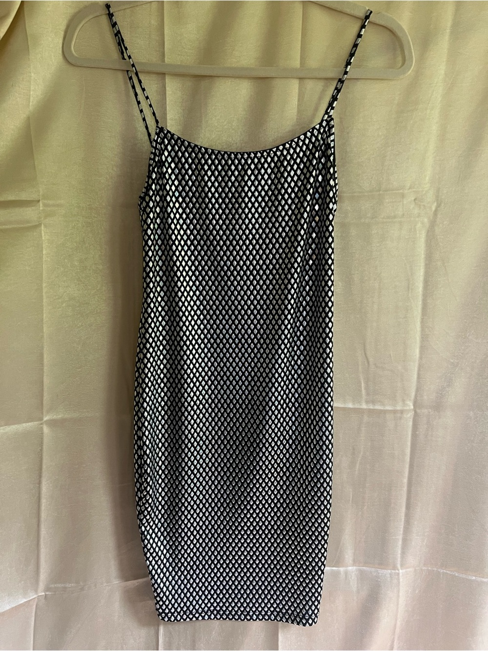 Fashion Nova Form-Fitting Dress with Irridescent Silver Diamond Pattern, EUC